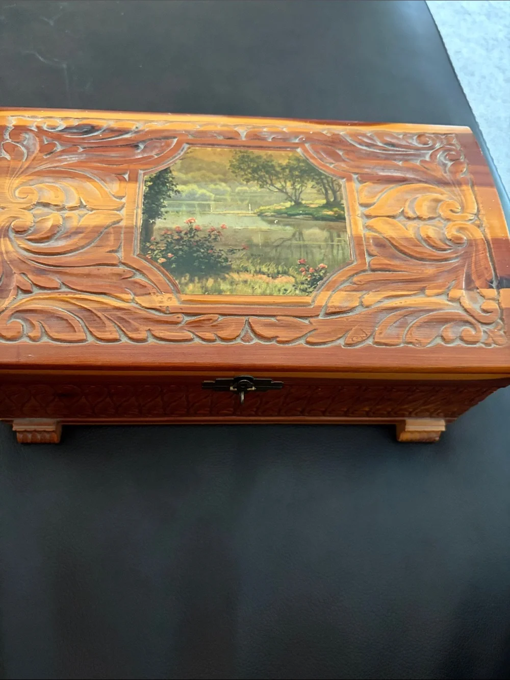 Handcrafted Wooden Jewelry Box with Scenic Inlay